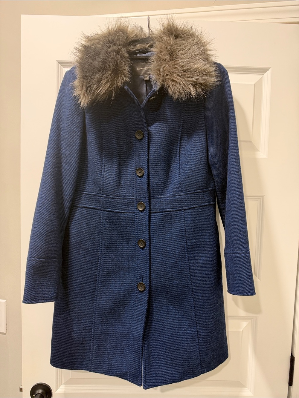 Banana Republic Navy Wool-Blend Pea Coat with Faux Fur Trim